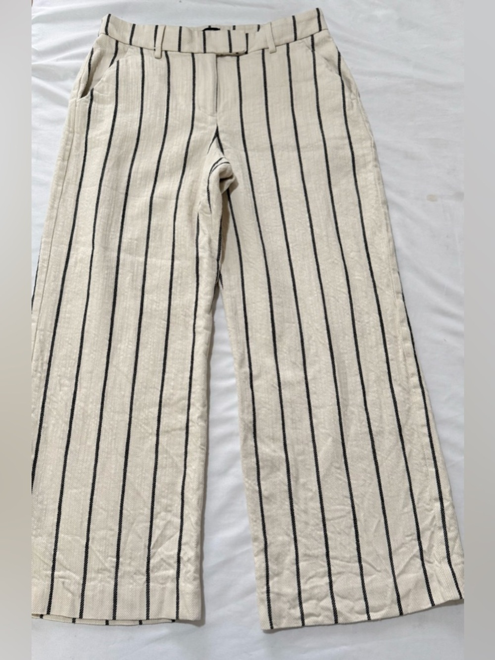 Express Editor Mid Rise Striped Relaxed Trouser Pant Cream Black Cotton Size 4S